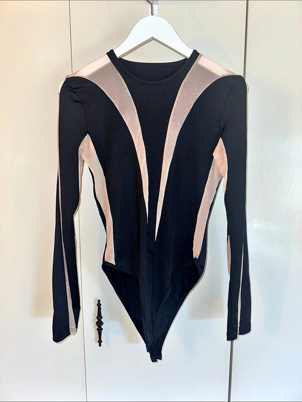 Mugler-Style Black & Mesh Long Sleeve Bodysuit